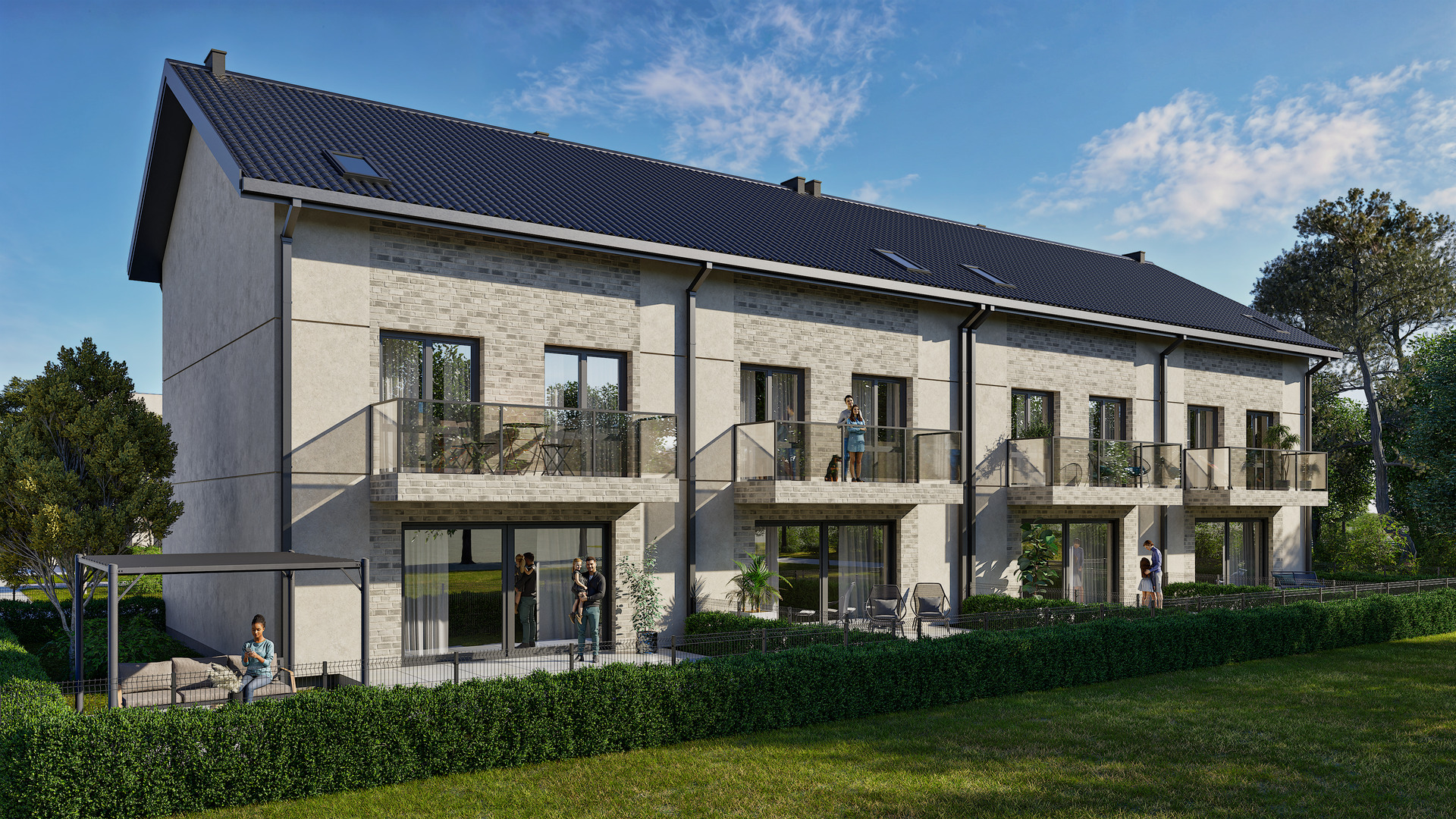 Wizualizacja zewnętrzna domu bliźniaczego ogrodem i balkonami